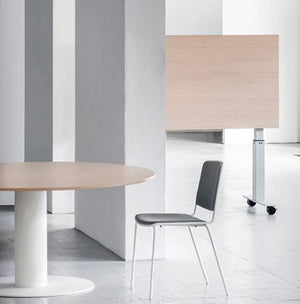 Mara Follow Tilting Desk And Round Meeting Table Height Adjustable In White Frame And Beech Tabletop