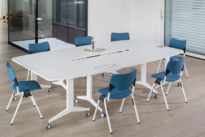 Mara Timmy Tilting H1050 Rectangular Table In White Top Finish With Blue Chair In Boardroom Setting