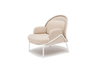 Mesh Armchair With Low Shield And Simple Beige Finish And White Metal Legs Base