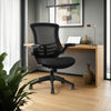 Mesh Ergonomic Task Chair with Wooden Table and Lamp in Modern Office Setting
