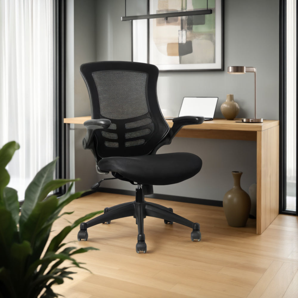 Mesh Ergonomic Task Chair with Wooden Table and Lamp in Modern Office Setting