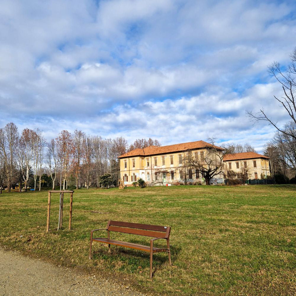 Minsk Wooden Outdoor Bench in Brown Finish Outdoor Setting 2