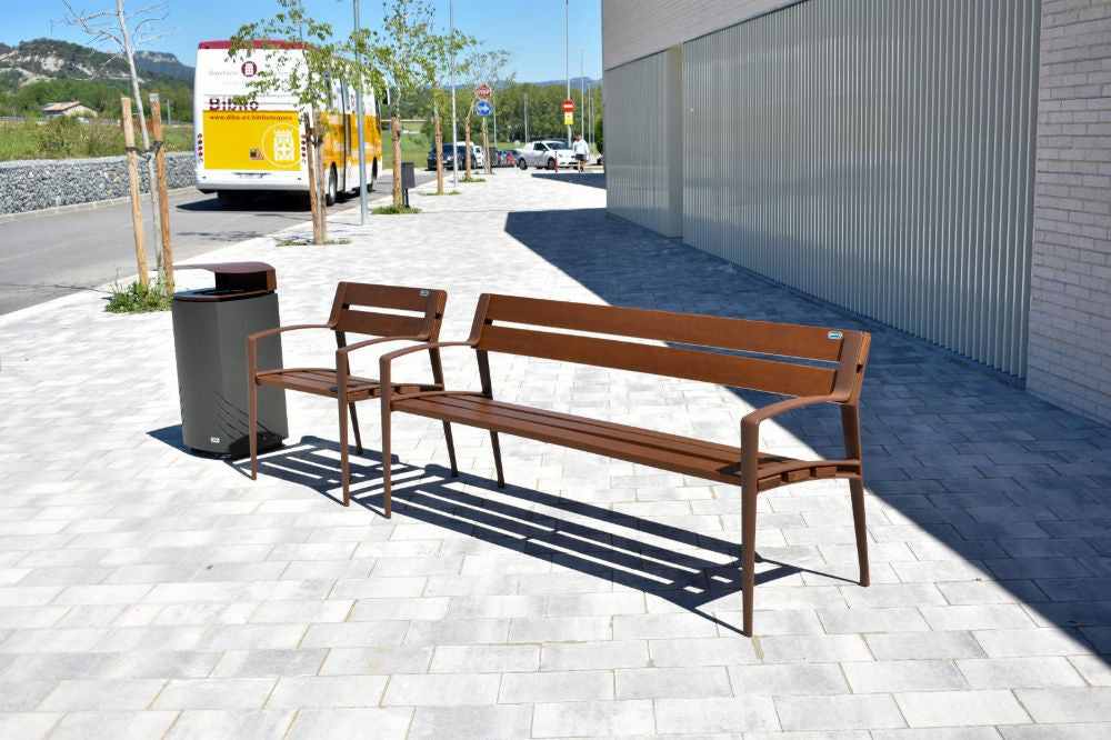 Minsk Wooden Outdoor Bench in Brown Finish Outdoor Setting 6