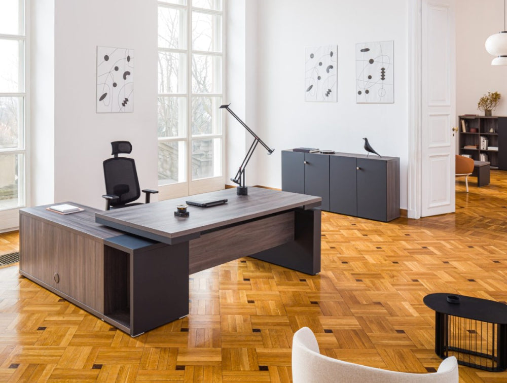 Mito Executive Desk Office Furniture With Ergonomic Chair And Wooden Cupboard In Executive Office Setting