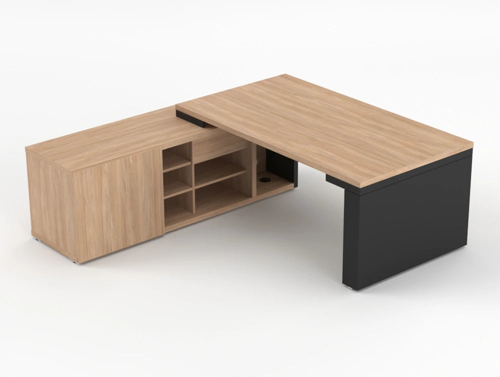 Mito Sit Stand Executive Desk With Side Storage Amber Oak Top Black Matt Body 1190Mm Left