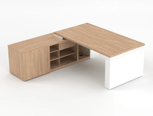 Mito Sit Stand Executive Desk With Side Storage Amber Oak Top White Gloss Body 1190Mm Left