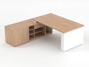 Mito Sit Stand Executive Desk With Side Storage Amber Oak Top White Matt Body 1190Mm Left