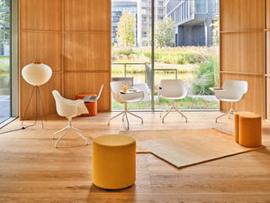 Mix Cube Soft Seating Geometric Pouffe with Floor Lamp and Meeting Room Chair in Modern Office Setting