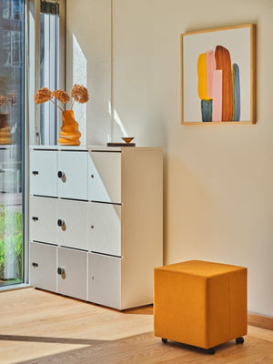 Mix Cube Soft Seating Geometric Pouffe with Metal Lockers and Wall Art in Breakout Setting