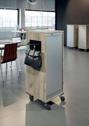 Mobile Desk High Cabinet A 52 in Arctic Oak Finish with Black Shoulder Bag in Modern Office Setting
