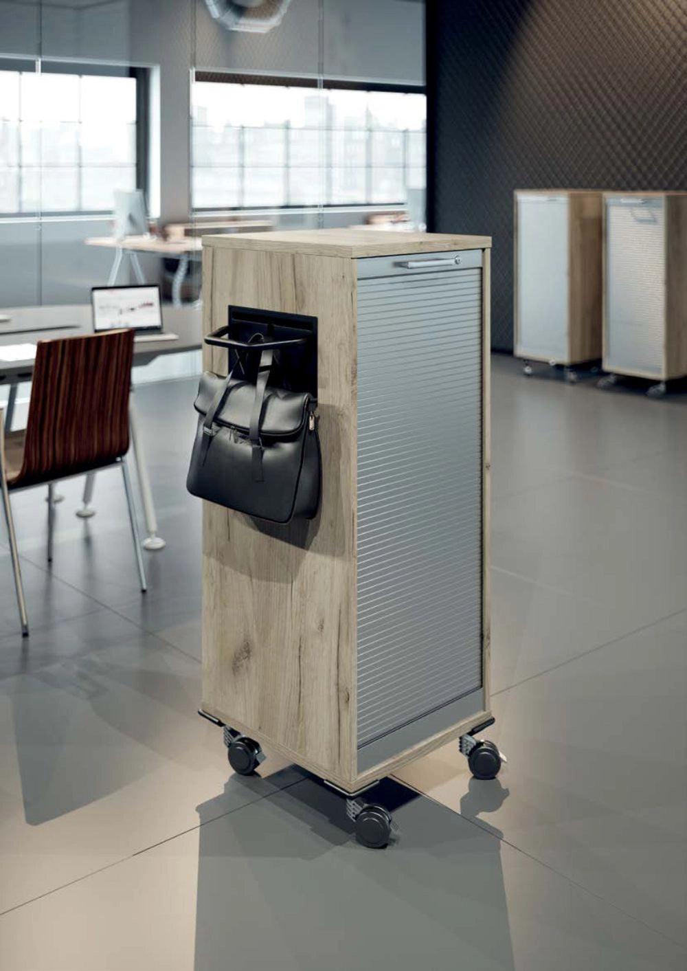 Mobile Desk High Cabinet A 52 in Arctic Oak Finish with Black Shoulder Bag in Modern Office Setting