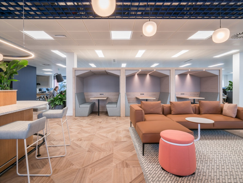 Modular Sofa Office Furniture In Brown Finishwith High Stool And Open Meeting Pods In Breakout Setting