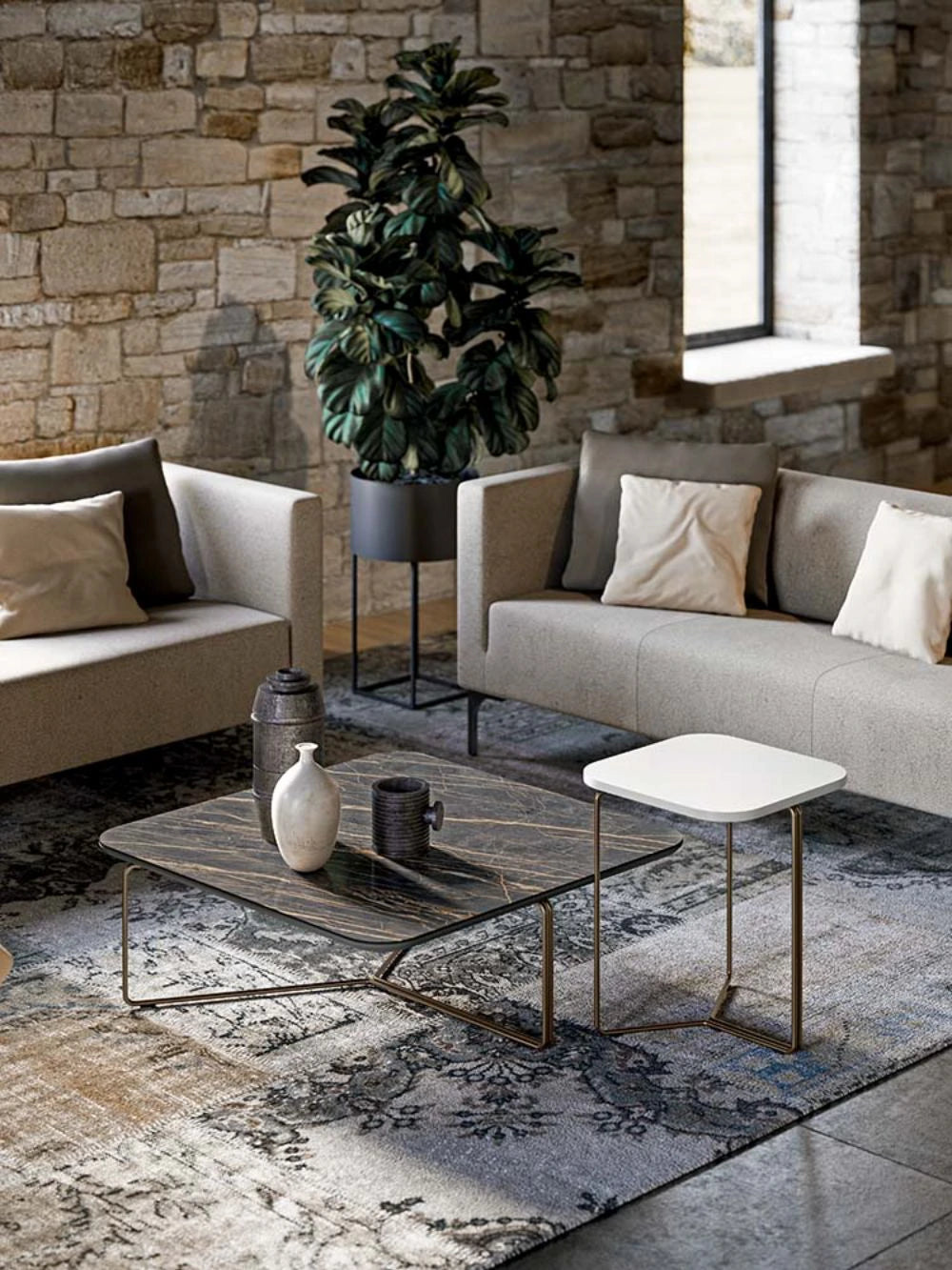 Montreal Square Side Table With Grey Sofa In Living Room Area