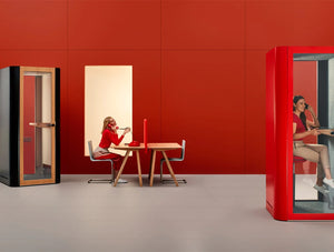 Mute Design Space S Soundproof Office Phone Booth With Table And Table In Red And Black Frame