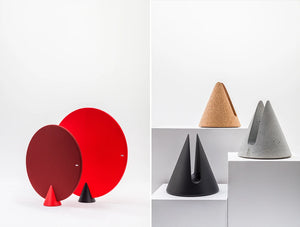 Mutedesign Cone Oval Standing Acoustic Panels In Red With Iconic Stand In Corkboard Black Or Concrete