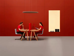 Mutedesign Duo Desk Acoustic Screens In Red With Hanging Round Blocks
