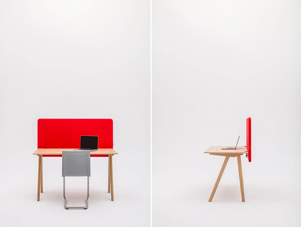 Mutedesign Duo Desk Mounted Acoustic Screen In Red With Chair And Laptop