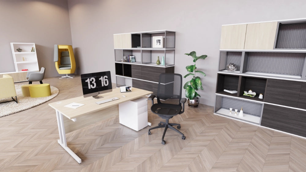 NV Mesh Height Adjustable Mesh Back Armchair Black with White Oak Top Office Table and White Pedestal in Office Setting