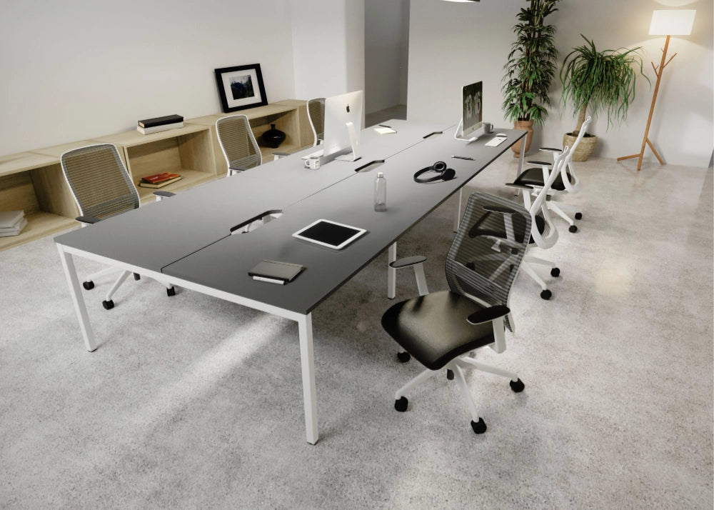 NV Vinyl Height Adjustable Armchair with Black Top Bench Desk and Oak Finish Storage Unit in Meeting Room Setting