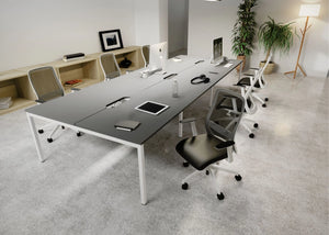 NV Vinyl Height Adjustable Armchair with Black Top Bench Desk and Oak Finish Storage Unit in Meeting Room Setting