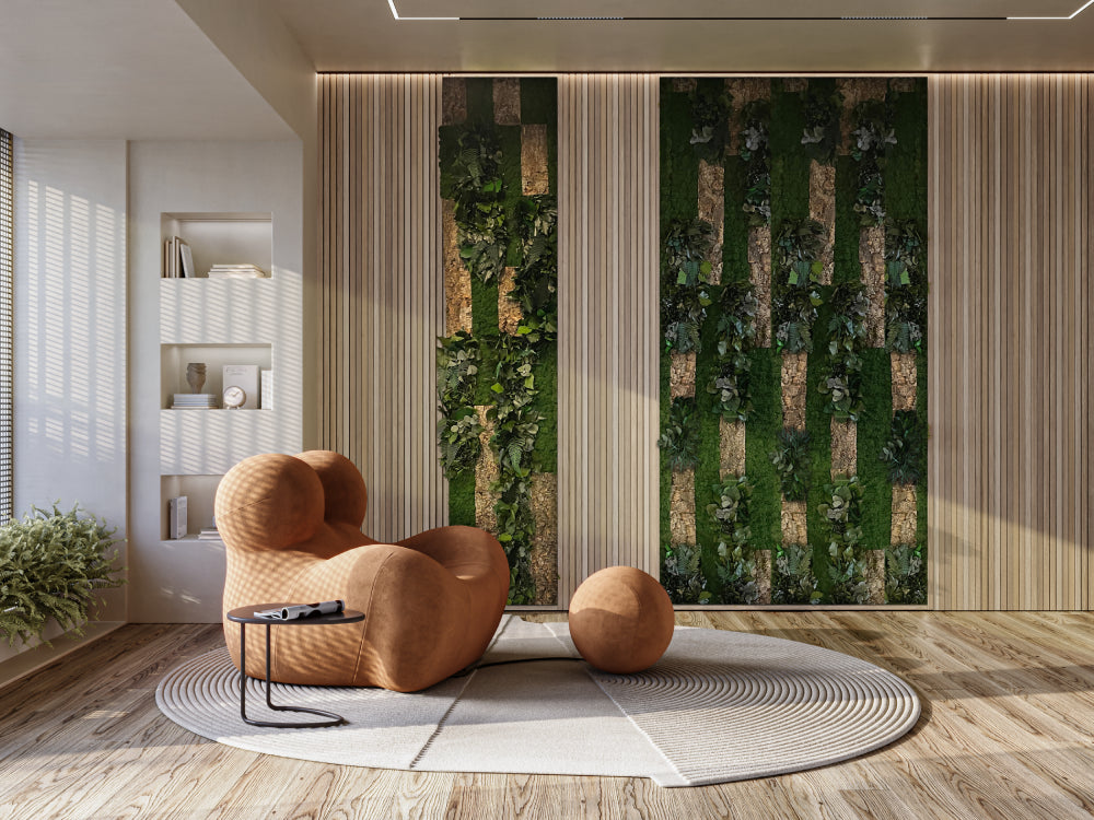 Naturo Acoustic Vertical Garden in Green Finish with Lounge Seating and Side Table in Living Room Setting