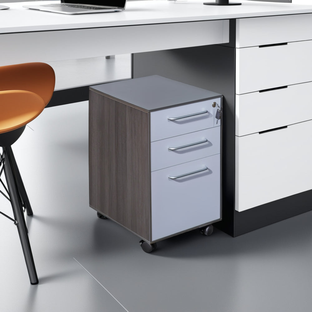 Nero Executive 3 Drawer Mobile Pedestal Anthracite Under White Office Desk with Drawers in Modern Office Setting