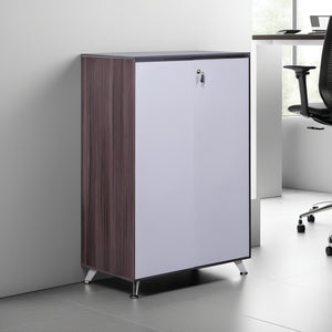Nero Wooden Cupboard in Two Toned Finish with High Table and Task Chair in Modern Office Setting
