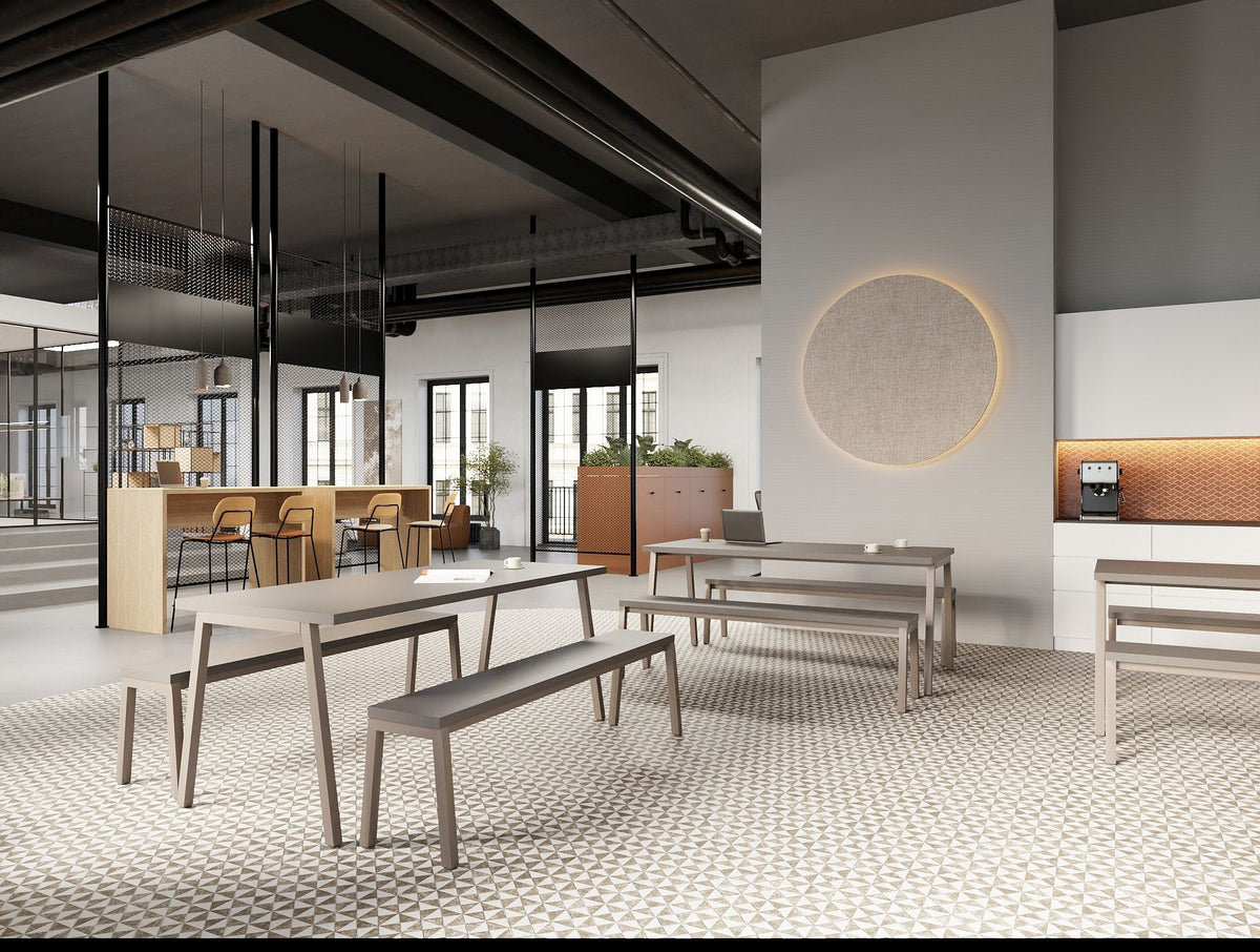 Nestro Bench Seating and Table with Line Upholstered Stool and Nestro Hightop Table and Decora Modular Zoning System and Key Modular Wooden Cupboard and Ionic Zoning System in Modern Office Setting