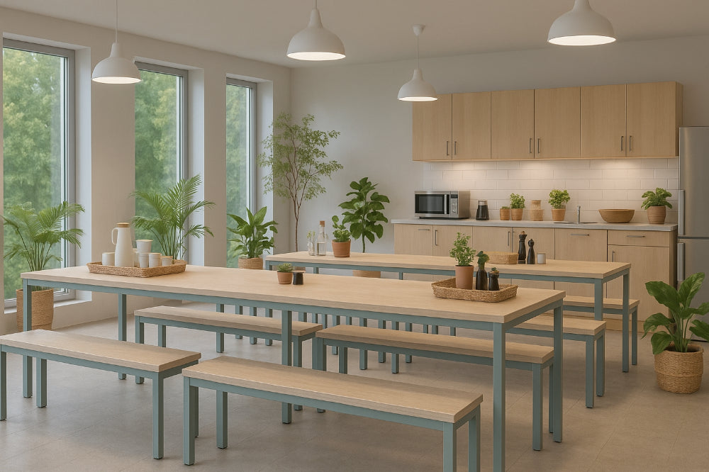 Nestro Metal 3 Piece Canteen Table and Bench Seating with Straight Leg in Kitchen Setting