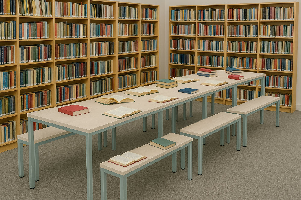 Nestro Metal 3 Piece Canteen Table and Bench Seating with Straight Leg in Library Setting