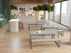 Nestro Rectangular Table and Benches with Line High stool and Ionic Modular Zoning System on Tall Storage in Breakout Setting