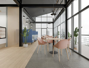 Nexis Cylinder Base Table with Pink Malin Canteen Chair and Snug Meeting Sofa Booth in Breakout Setting