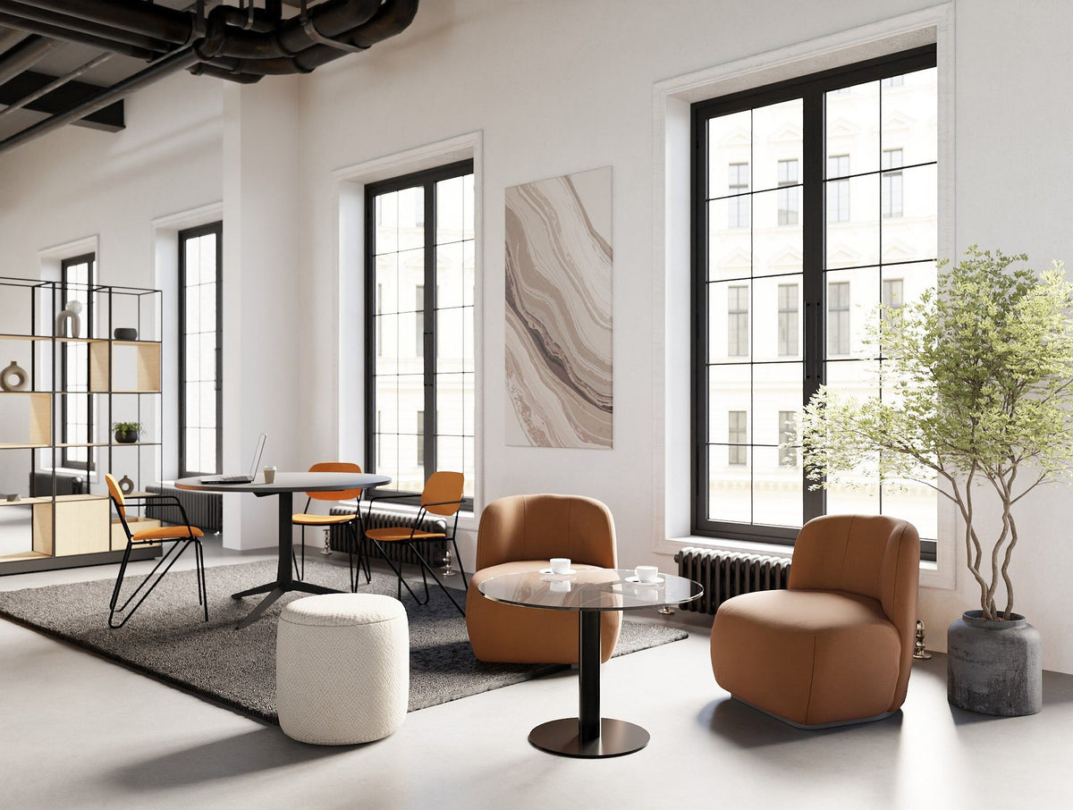 Nexis Glass Top Round Table with Harmon Round Table and Line Chair and Ionic Modular Zoning System in Modern Office Setting