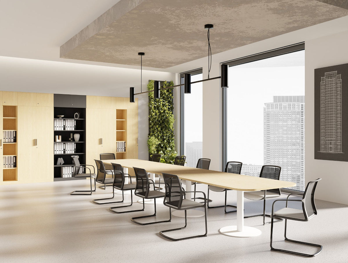 Nexis Quadruple Cylinder Base Table with Vela Sled Base Chair and Key Tall Storage with Open Alcove in Meeting Room Setting