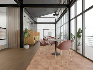 Nexis in Black Cylinder Base Table with Malin Canteen Chair and Snug Meeting Sofa Booth in Breakout Setting