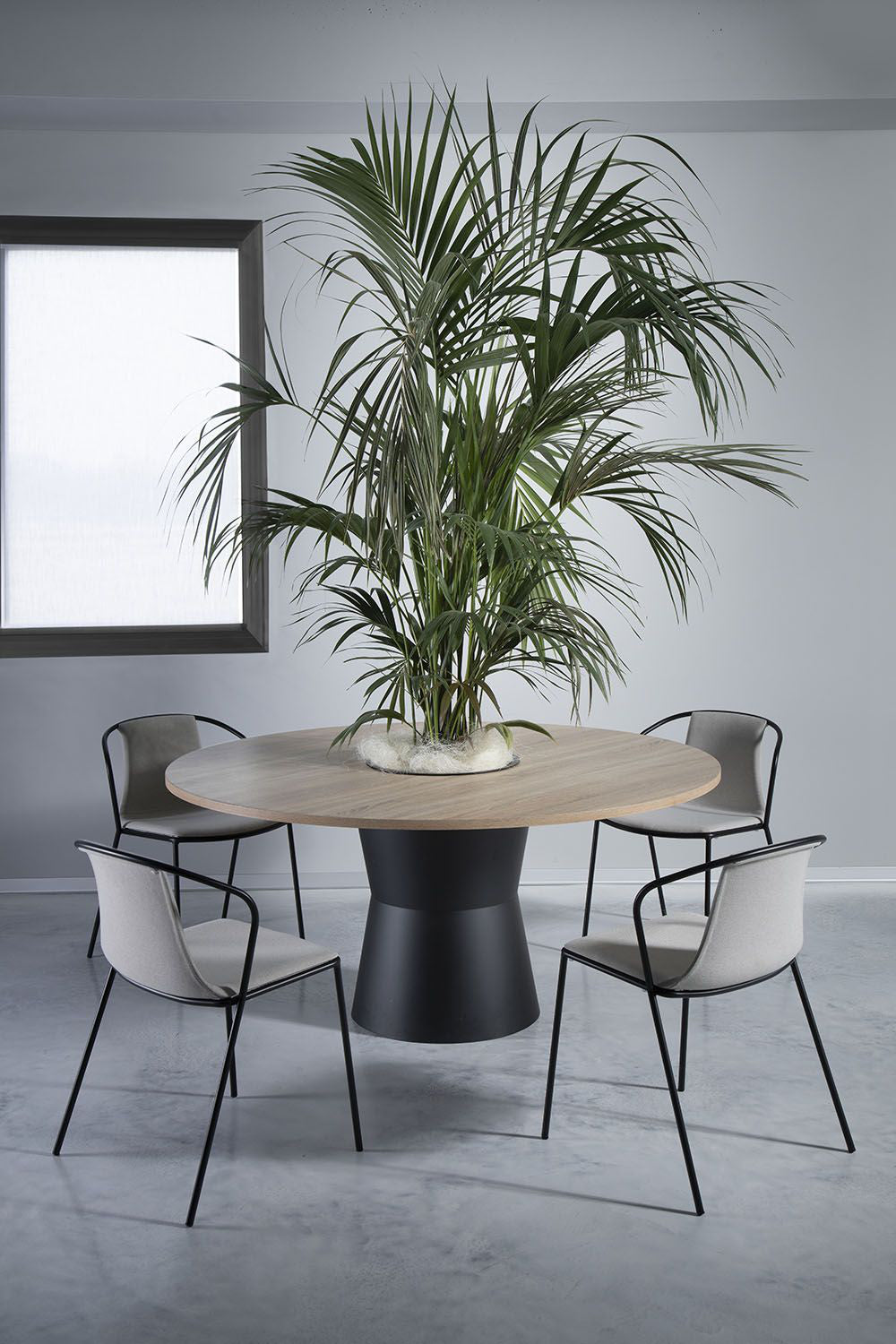Nidaba Round Table With Chairs And Indoor Plant In Breakout Setting