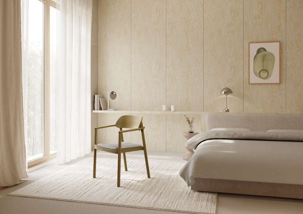 Nimm Wooden Meeting Room Chair with Bed and Lampshade in Bedroom Setting