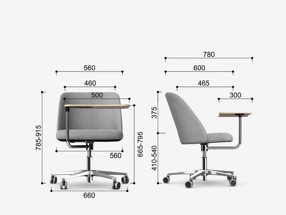 Noma Upholstered Mobile Office Chair With Wooden Tablet Dimensions