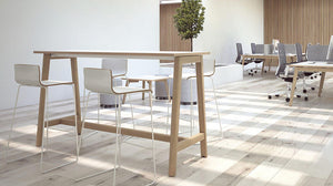 Narbutas Nova Wood High Top Meeting Table With Wooden Legs With White High Chair And Grey Armchair In Breakout Setting