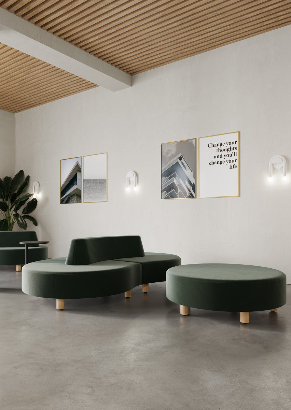 Nubi Upholstered Modular Sofa with Indoor Plant and Wall Art in Reception Setting