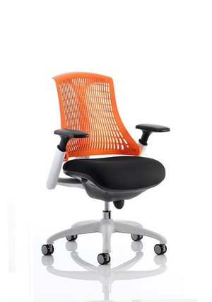 Flex Task Operator Chair White Frame Black Fabric Seat With Orange Back With Arms