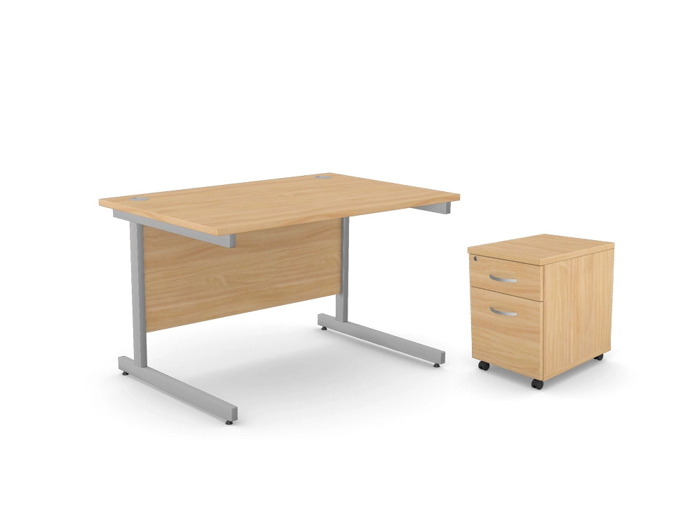 Office Cantilever Desk With 2 Drawer Mobile Pedestal Beech
