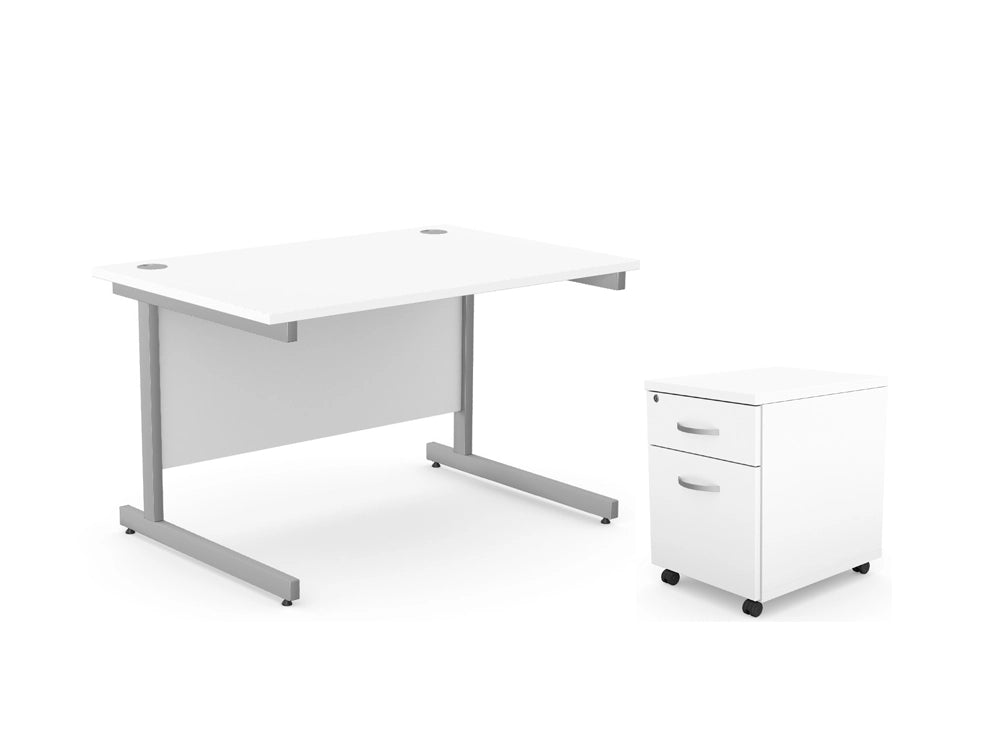 Office Cantilever Desk With 2 Drawer Mobile Pedestal White