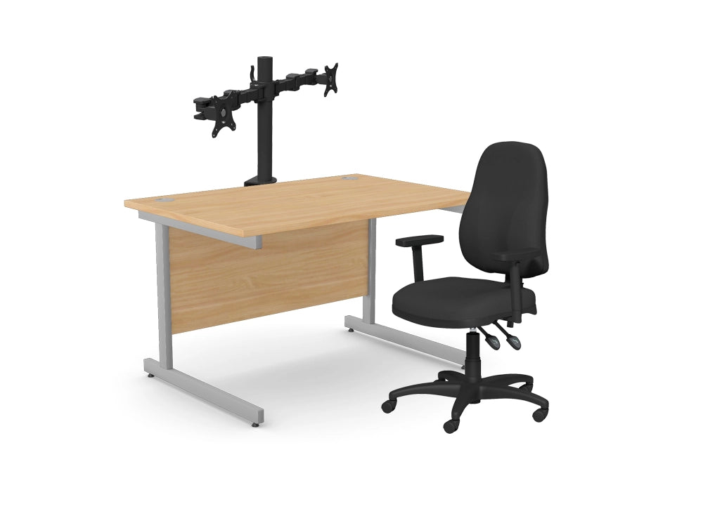 Office Cantilever Desk With Black Task Chair And Double Monitor Arms
