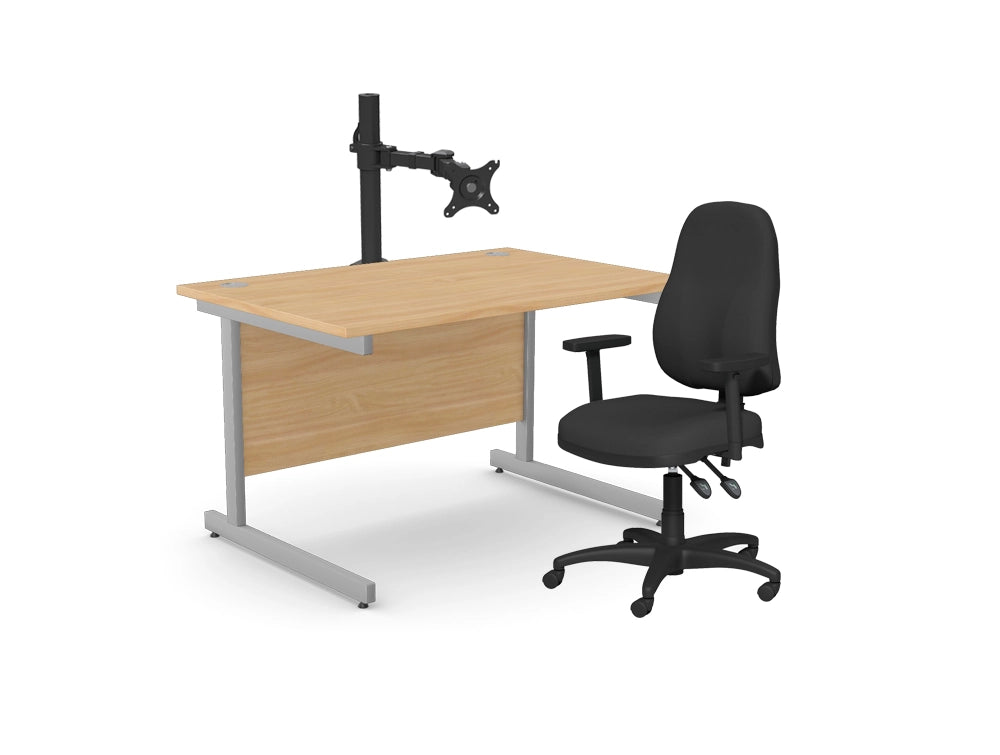 Office Cantilever Desk With Black Task Chair And Single Monitor Arms