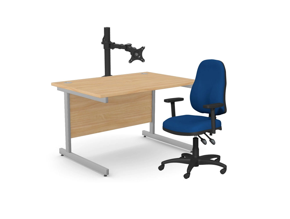 Office Cantilever Desk With Blue Task Chair And Single Monitor Arms
