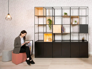 Palisades Metal Grid Bookcases With Hanging Plant And Locker With Flush Lock