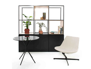 Palisades Metal Grid Office Space Dividers Bookcases With Round Table And White Chair