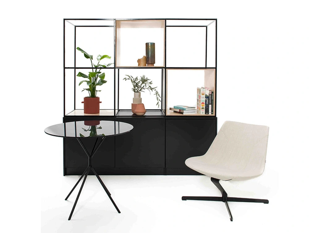 Palisades Metal Grid Office Space Dividers Bookcases With Round Table And White Chair