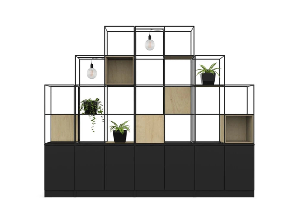 Palisades Metal Grid Office Space Dividers With Low Cupboard Storage Light Alcove Panel Customisable